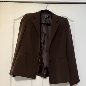 Brown Matching Trio Professional Outfit: Suit Jacket, Suit Paints, and Skirt.
